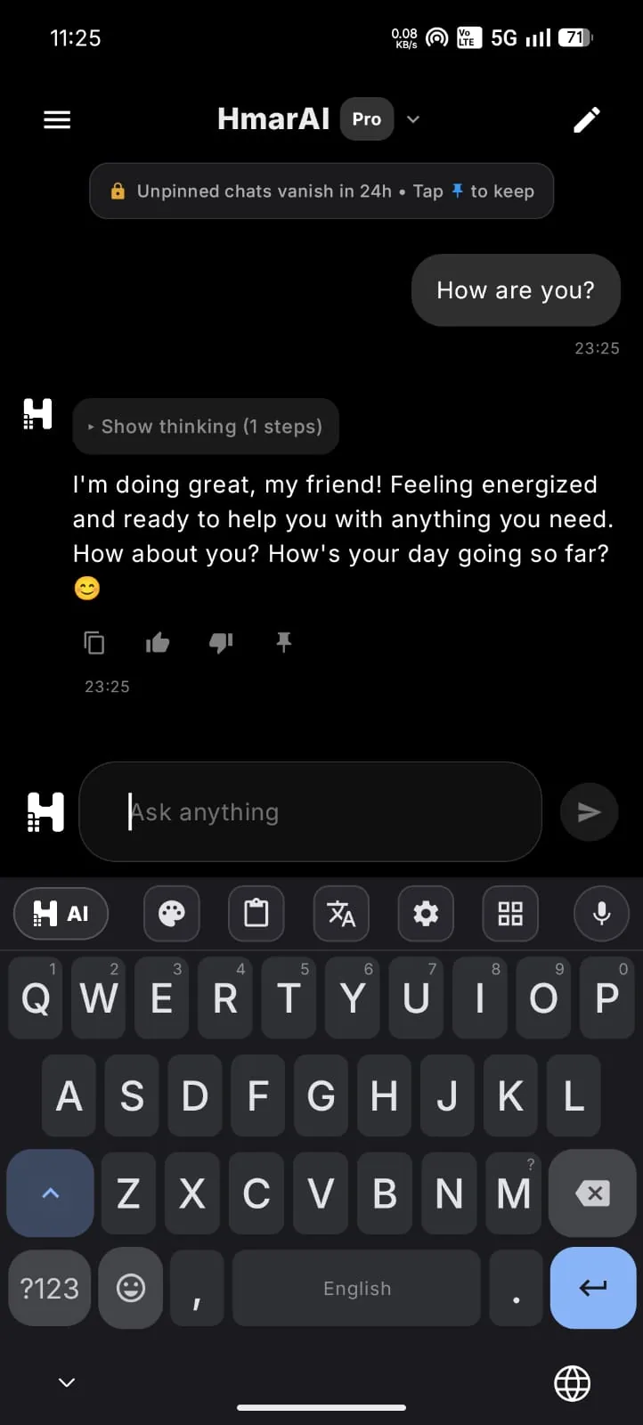 HmarAI chat with AI keyboard open