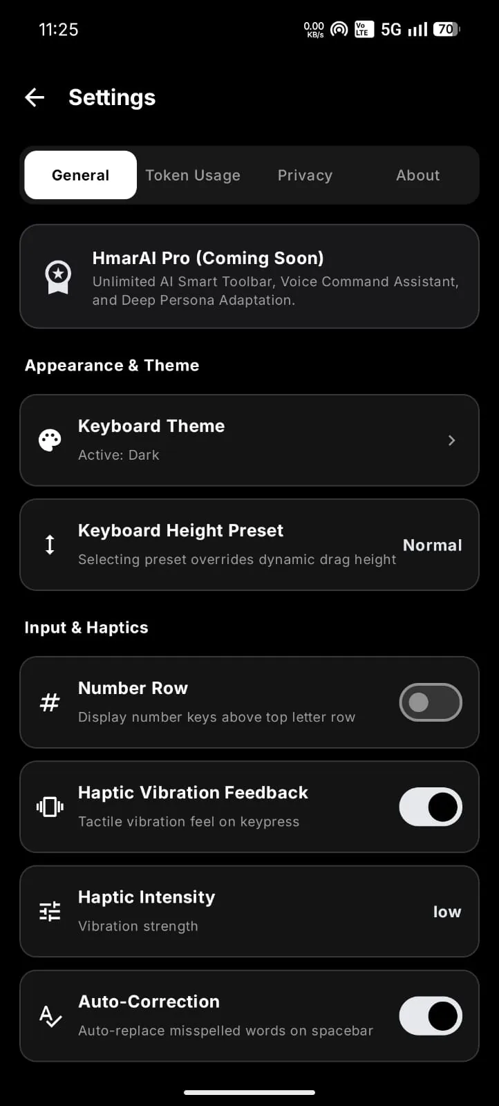 HmarAI settings themes haptics