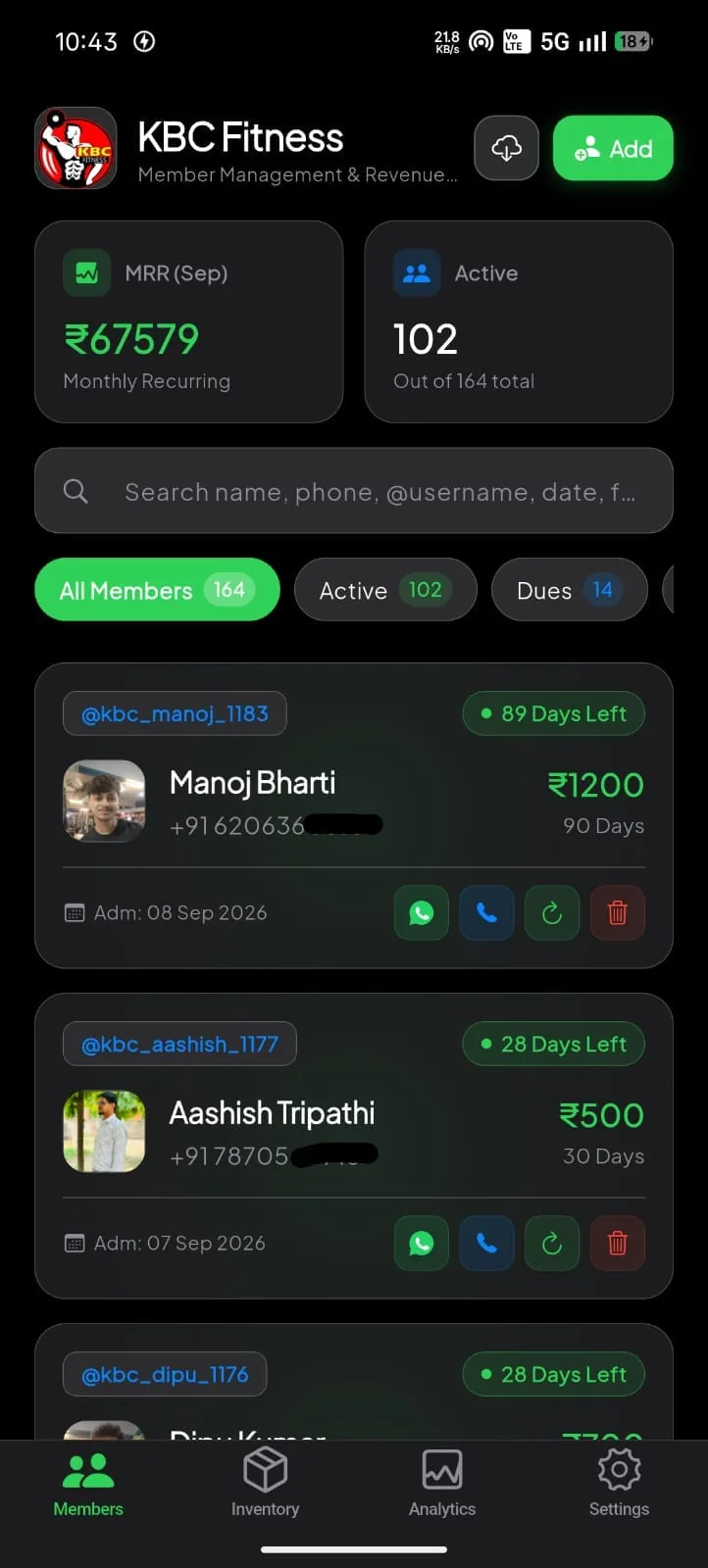 KBC Fitness MRR dashboard